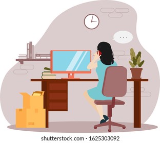 Woman sit back work space office worker computer business person female vector illustration table 