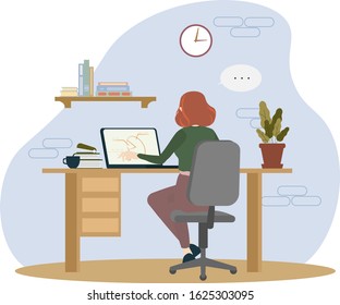 Woman sit back work space office worker computer business person type text laptop flat vector table female