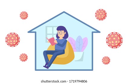 woman sit at bean bag reading a book at home. stay at home to prevent self from coronavirus (covid-19) outbreak. self quarantine Flat design character illustration
