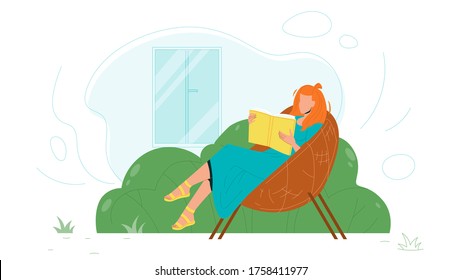 Woman Sit In Chair And Read Book In Patio Vector. Young Girl Sitting In Decorative Armchair And Reading Literature On Patio Relaxation Place. Character In Garden Flat Cartoon Illustration