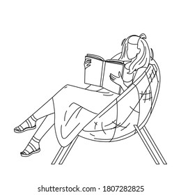 Woman Sit In Chair And Read Book In Patio Black Line Pencil Drawing Vector. Young Girl Sitting In Decorative Armchair And Reading Literature On Patio Relaxation Place. Character In Garden Illustration