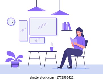 Woman sit in chair reading book in front cup warm drink on table background mirror hanging lamp plant clock with flat cartoon style.
