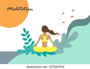 Woman sit in cross legged on beach doing meditation with beautiful nature. Meditation, mindfulness and yoga concept. Vector Illustration. Isolated on white background.