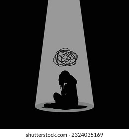 Woman sit in the dark room mental disorder psychological depressed vector illustration.