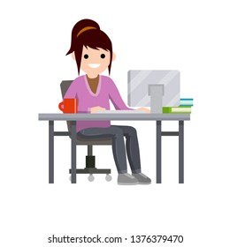 Woman sit at Desk with computer and  typing text message in office. Employee of company at work. Monitor, coffee mug. Female Manager and boss. Cartoon flat illustration. Happy worker.