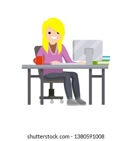 Woman sit at Desk with computer and  typing text message in office. Employee of company at work. Monitor, coffee mug. Female Manager and boss. Cartoon flat illustration. Happy worker.