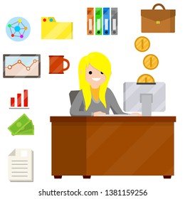 Woman sit at Desk with computer and typing text message in office. Employee of company at work. Monitor, coffee mug, case, money, chart, document. Female Manager and boss. Cartoon flat illustration