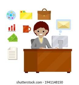 Woman sit at Desk with computer and typing message in front of monitor. Set of business icons-yellow folder, case for document, red coffee mug, cash. Flat picture. Businesswoman at work