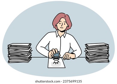 Woman sit at desk stamping documents. Female employee busy with paperwork at workplace. Office job concept. Vector illustration.