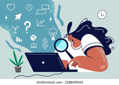 Woman sit at desk work on computer search for information with magnifying glass. Businesswoman using magnifier do research on laptop. Vector illustration. 