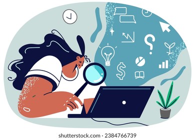 Woman sit at desk work on computer search for information with magnifying glass. Businesswoman using magnifier do research on laptop. Vector illustration.