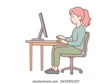 woman sit at desk work on computer in correct position. woman keep right distance between eyes and posture at PC table. Ergonomic office job concept. Hand drawn style vector design illustrations.