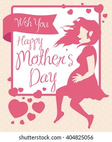 Woman sit in a frame waiting a baby with hearts around her and wishing you a Happy Mother's Day.