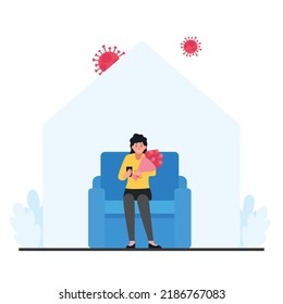 Woman sit and hold a flower bucket while virus around