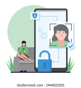 Woman sit and hold phone with face recognition.
