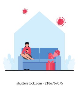 Woman sit and hold phone with love gift box while virus around