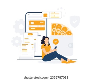 Woman sit and holding mobile phone, E wallet, digital payment, online transaction concept illustration