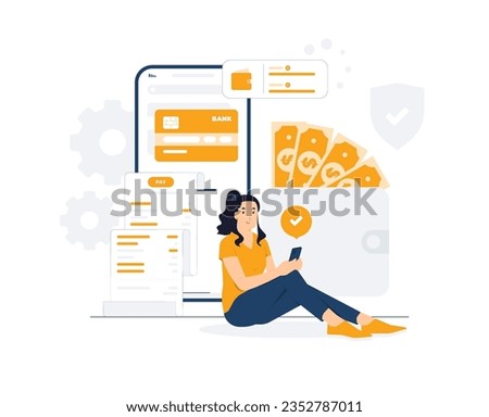 Woman sit and holding mobile phone, E wallet, digital payment, online transaction concept illustration