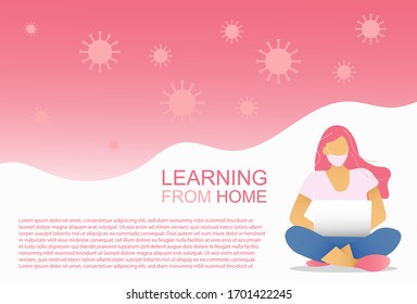 woman sit with laptop and text space, work from home, learning from home, online education, vector, illustrator