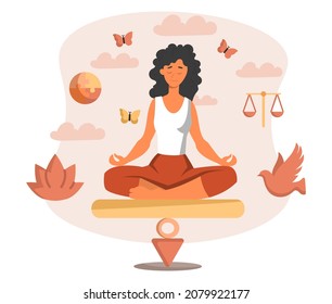 Woman sit in lotus position. Metaphor for finding inner balance. Character engaged in yoga, sports, fitness, taking care of his health. Peace and harmony concept. Cartoon flat vector illustration