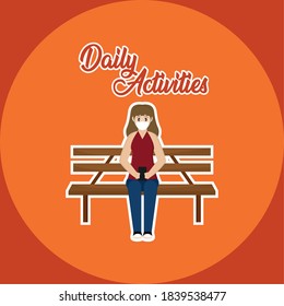 Woman sit with mask in park logo- Vector