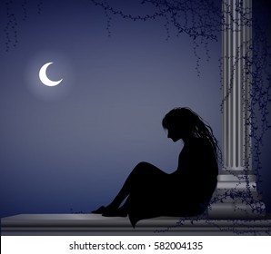 woman sit near the column and wait somebody under the moon light, lonely date, sad  girl waits somebody, scene, vector