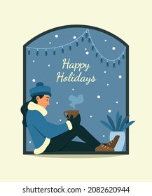 Woman Sit on Big Glass Windowsill and Enjoy with Winter Season.
