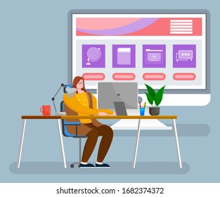 Woman sit on chair by desk at office alone. Person work on computer and big monitor behind her with desktop. Screen with icons, media and network, communication and education. Vector illustration