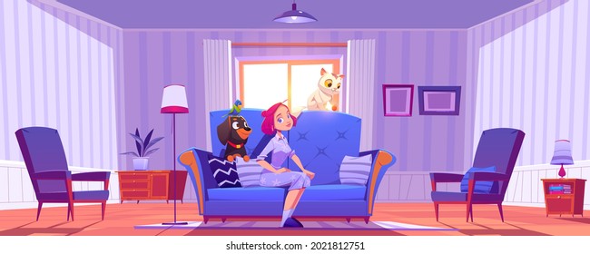 Woman sit on couch with home pets