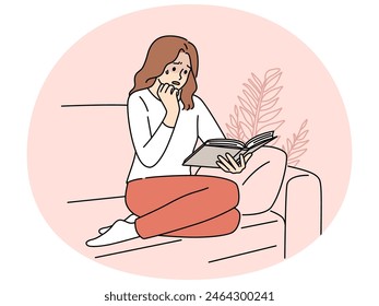 Woman sit on couch rad book crying. Unhappy girl feel emotion reading literature at home. Hobby and emotions. Vector illustration.