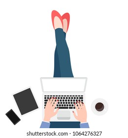 Woman sit on floor with laptop. Coffee, with tablet and mobile phone. Freelance work space