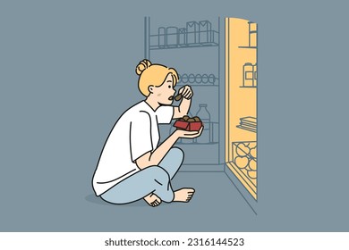 Woman sit on floor near fridge eating at night. Hungry girl near refrigerator suffer from eating disorder. Diet and nutrition problem. Vector illustration. 