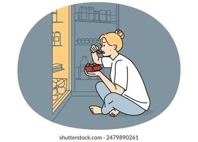 Mujer sentada en el piso cerca de la nevera comiendo por la noche. Chica hambrienta cerca del refrigerador sufre de desorden alimenticio. Problema de alimentación y nutrición. Ilustración vectorial.