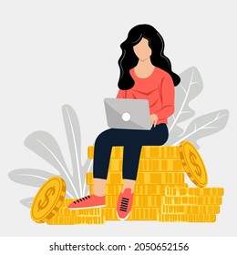 A woman sit on the golden coins stack and use laptop computer to online business. Girl  use notebook to make money on internet network