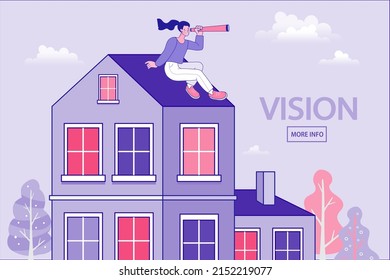 Woman sit on house roof using telescope. Social Distancing, stay at home in COVID-19 virus outbreak. employee work at home. Look for opportunities from the business and for the advancement. vector