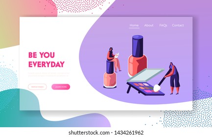 Woman Sit on Huge Nail Polish Bottle Reading Fashion Magazine, Girl Trying Palette in Beauty Salon Staff, Makeup Cosmetics Class Website Landing Page, Web Page Cartoon Flat Vector Illustration, Banner