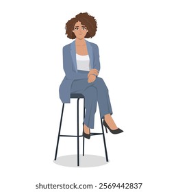 Woman sit on the stool with crossed legs in formal wear. Flat vector character illustration