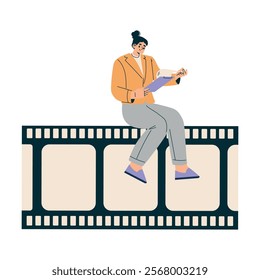 Woman Sit on Tape with Clipboard at Shooting Film Movie Production Scene Vector Illustration