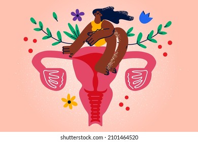 Woman Sit On Uterus With Flowers Show Care To Female Health. Girl Demonstrate Self-love And Self-care. Menstruation Period And Healthcare Concept. Love Yourself. Vector Illustration. 
