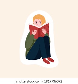 Woman sit and read book. Distance learning and self education concept. Sticker of Reader with novel. Girl prepares to exams. Student studying with textbook. Sticker of Female who holds book.