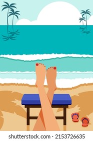 A woman sit and relax on the beach on summer vacation. Happy holiday concept flat design style. Can be used for print, brochure, backdrop, leaflet, flyer, banner, vector illustration
