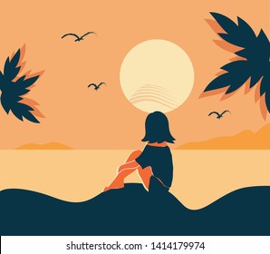 Woman sit sand enjoys sunset in summer season vector illustration. Flat illustration. Beautiful sunset in summe. Background of sunset 