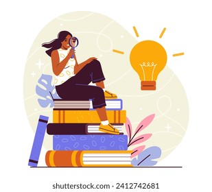 Woman sit at stack of books. Young girl with textbooks. Student doing homework. Education, learning and training. Love for reading and literature. Cartoon flat vector illustration