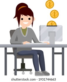 Woman sit at table with computer. Online income and salary. Gold coins. Cartoon flat illustration. Work freelance and programmer. Happy girl