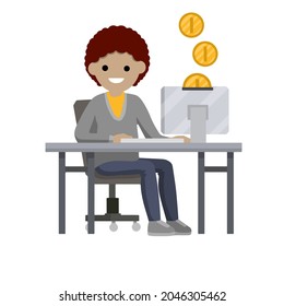 Woman sit at table with computer. Online income and salary. Gold coins. Cartoon flat illustration. Work freelance and programmer. Happy girl