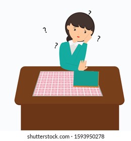 Woman sit at the table concept. Creative idea design. Flat vector illustration 