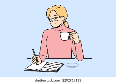 Woman sit at table drink coffee taking notes in notebook. Girl handwrite in pad enjoy drink from cup at home. Vector illustration. 