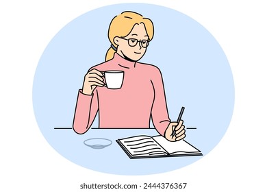 Woman sit at table drink coffee taking notes in notebook. Girl handwrite in pad enjoy drink from cup at home. Vector illustration.