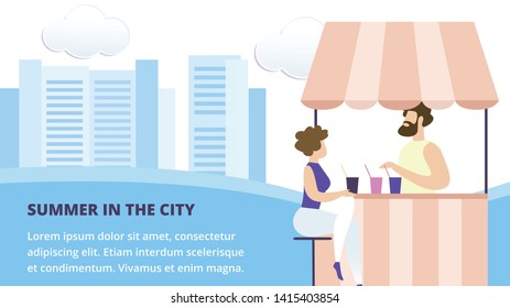 Woman Sit at Table in Summer Street Cafe or Booth with Drinks Buy Cool Beverages. Outdoor Cafeteria. City Landscape on Background. Cafeteria in Park Cartoon Flat Vector Illustration, Horizontal Banner