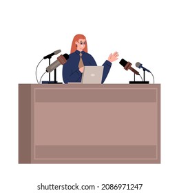 Woman sit at the tribune with laptop speaking to microphones. Press conference flat vector illustration. Speaker at the Forum, conference or briefing about Gender Equality or Women Rights Movement.